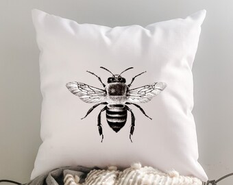 Vintage Honey Bee Throw Pillow, Black and White Linen, 18x18 Cover