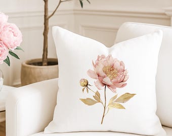 Elegante funda de cojín de peonía, 45,7 x 45,7 cm, 50,8 x 50,8 cm, diseño floral, decoración rústica, color rosa y dorado, cojín de peonía, decoración botánica.