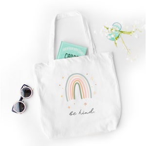 Boho Rainbow Be Kind Canvas Tote Bag, Double Handle, Reusable Grocery Bag, Birthday Gift