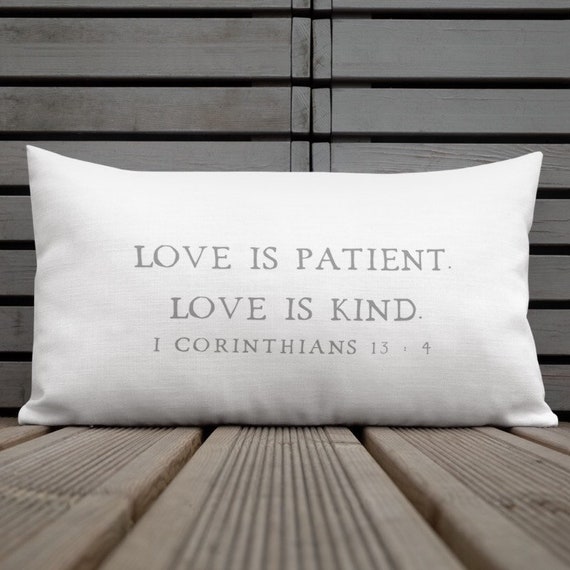 Love is Patient Love is Kind Throw Pillow, 20" x 14" Lumbar Pillow, Wedding Gift, Valentines Day Decor, Scripture Pillow, 1 Corinthians 13:4
