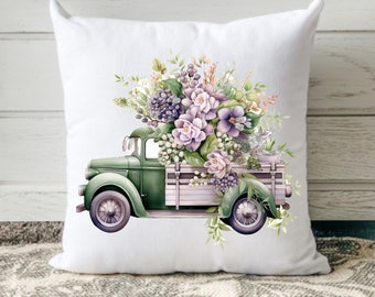 Vintage Truck with Purple Flowers Pillow Cover 18 x 18, Farmhouse Decor, Gift for Mom