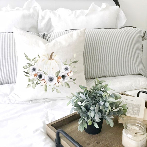 White Floral Pumpkin Farmhouse Pillow Cover with Linen Feel.