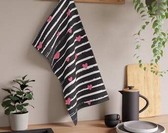 Valentine Kitchen Towel, Black and White Stripes with Pink Hearts, 18 x 30, Valentines Day Kitchen Decor