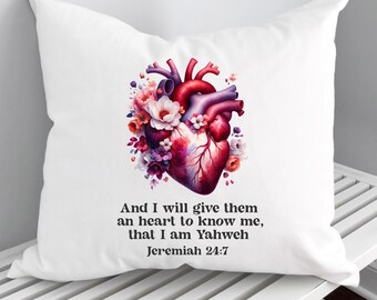 Botanical Heart Scripture Throw Pillow Cover 18 x 18 Jeremiah 24:7, Gift for Friend