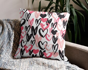 Pink and Black Hearts Valentines Day Pillow Cover 18 x 18, Inserts Available!