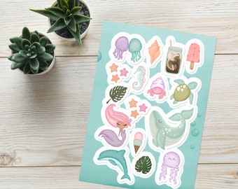 Pastel Mermaid Beach Sticker Sheet, 16 Ocean Stickers 5.83″×8.27″, Sea Creatures Gift for Kids, Mermaid Gifts