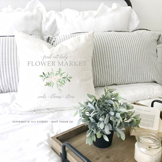Flower Market Spring Pillow, White Floral Farmhouse Cushion, 18" x 18", 20" x 12", Wedding Gift