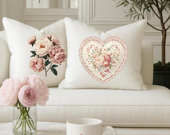 Cojín floral con forma de corazón para San Valentín – Decoración romántica de estilo cottagecore para San Valentín – Cojín vintage con forma de corazón y corazones florales para San Valentín