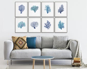 Set of 8 Sea Corals, Digital Coral Art, Coral Printable, Turquoise Blue, DIY Wall Art, Large Wall Décor, Hampton Style Art, Bathroom Decor