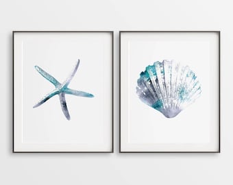 Set of 2 Prints, Starfish Print, Printable Shell, Blue Shell Starfish, Nautical Watercolor, Ocean Coastal Art, Coastal Living, Ocean Décor