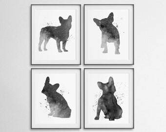 Set of 4 Bulldogs, French Bulldog, Set of 4 Prints, Bulldog Printable, Black and White, Bedroom Wall Art, Diy Wall Decor, Watercolor Bulldog