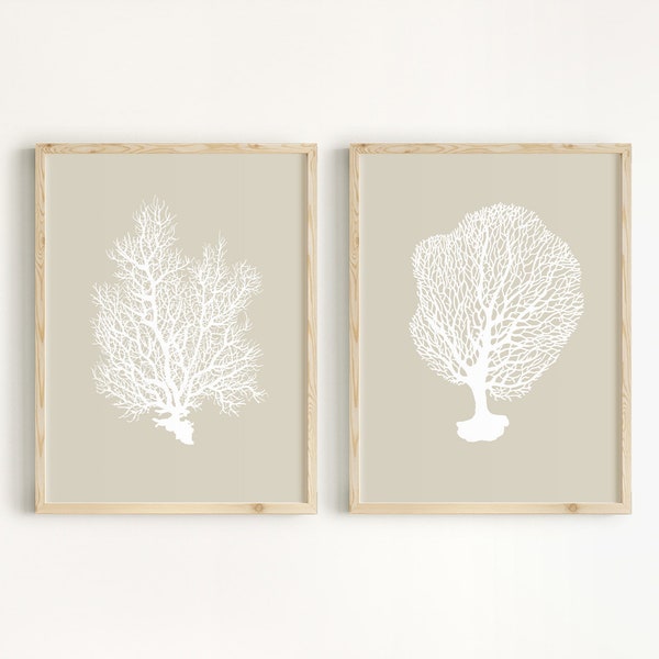 Coral Printable, Set of 2 Prints, Beige Background, Sea Fan Prints, DIY Large Wall Art, Ocean Art Printable, Hamptons Style Art Bathroom