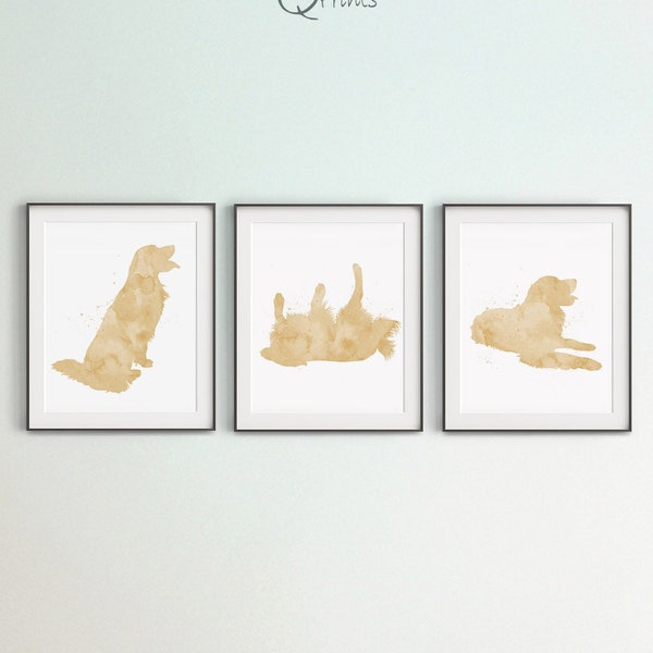 Set of 3 Golden Retriever Prints, Digital Files, Large Art, Yellow Golden Retriever, Kid Room Décor, Gift, Bedroom Wall Art, Watercolor