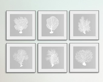 Coral Art Print, Set of 6 Printables, White Coral Prints, Square Prints, Gray Background, DIY Large Wall Art, Sea Room Wall Décor, Gift