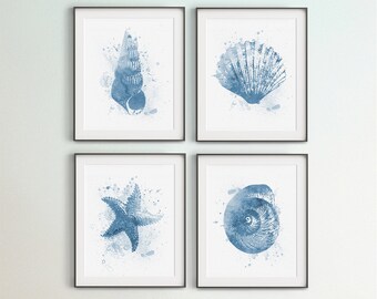 Nautical Art Print, Set of 4 Digital Art, Nautical Printable, DIY Large Wall Art, Coastal Living Art, Blue Corals, Beach Cottage Décor, Gift