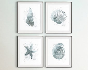 Nautical Art Print, Set of 4 Digital Art, Nautical Printable, DIY Large Wall Art, Coastal Living Art, Grey Blue Corals, Beach Cottage Décor