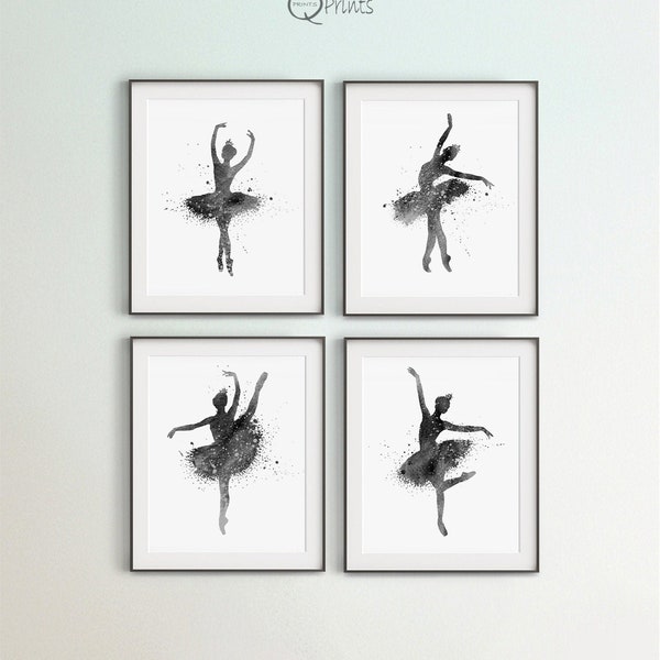 Set of 4 Ballerinas, Ballerina Prints, Bedroom Decor, Black & White, Watercolor Decor, DIY Wall Decor, Large Decoration, Gift for Girl