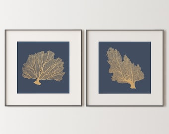 Láminas artísticas de coral dorado, decoración de pared azul rey (descarga digital)