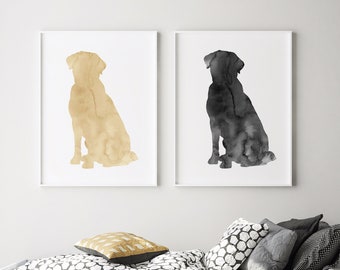 Set of Two Prints, Labrador Retriever, Lab Art Printable, Black, Yellow, Gold, DIY Large Wall Art, Bedroom Wall Décor, Two Labradors, Gift