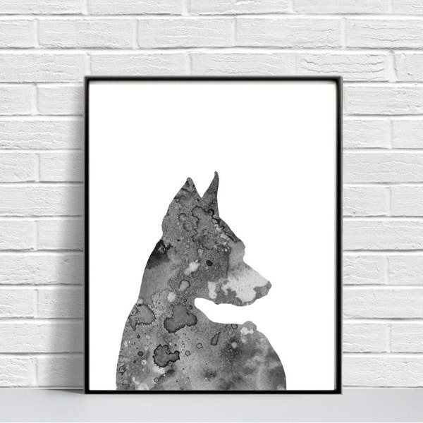 Doberman Art Print, Printable Doberman, Digital Doberman Art, Doberman Painting, Balck and White, DIY Wall Art, Watercolor Art, Doberman Art