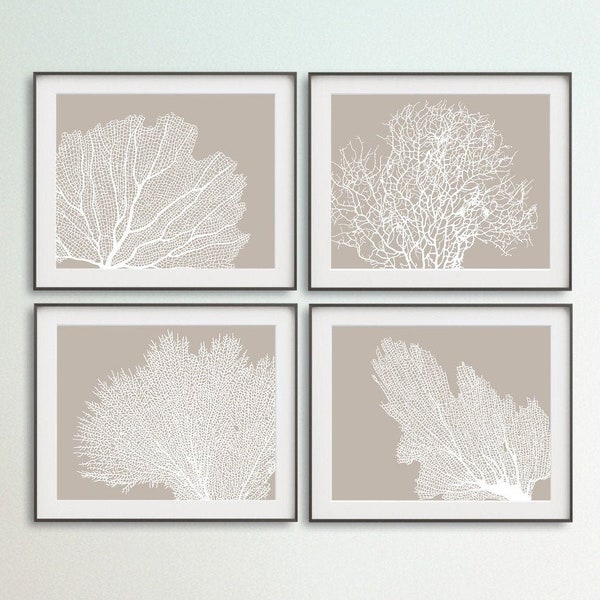 Set of 4 Prints, Nautical Decoration, Coral Print Wall Art, Hamptons Style, Horizontal Pictures, Beige Wall Art, Silhouette Coral, Bathroom