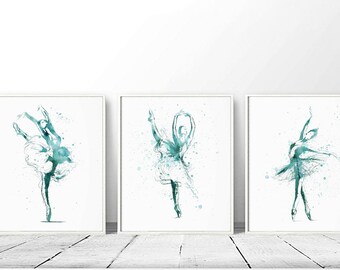 Set of 3 Ballerina, Digital Ballerina, Teal Ballerinas, Ballerina Printable, DIY Wall Art, Ballerina Picture, Large Wall Art, Bedroom Decor