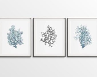 Set of 3 Nautical, Coral Triptych, Set of 3 Prints, Hampton Style, Sealife Wall Décor, Grey Teal Blue, DIY Wall Art, Large Printable, Gift