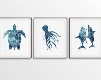 Set of 3 Prints, Nautical Printables, Blue Octopus Art, Sea Fish Watercolor, Turtle Print, Digital Wall Art, DIY Wall Décor, Hampton Style