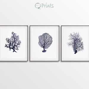 May include: Set of three framed prints featuring navy blue silhouettes of coral on a white background. The prints are in black frames.