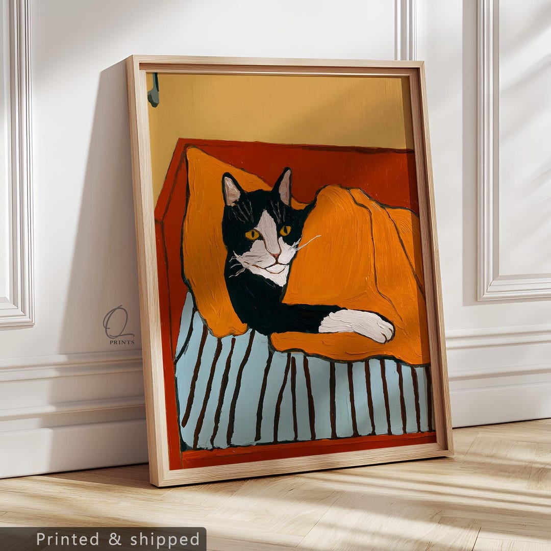 Black White Cat Wall Art Print, Modern Cat Painting, Colorful Animal ...