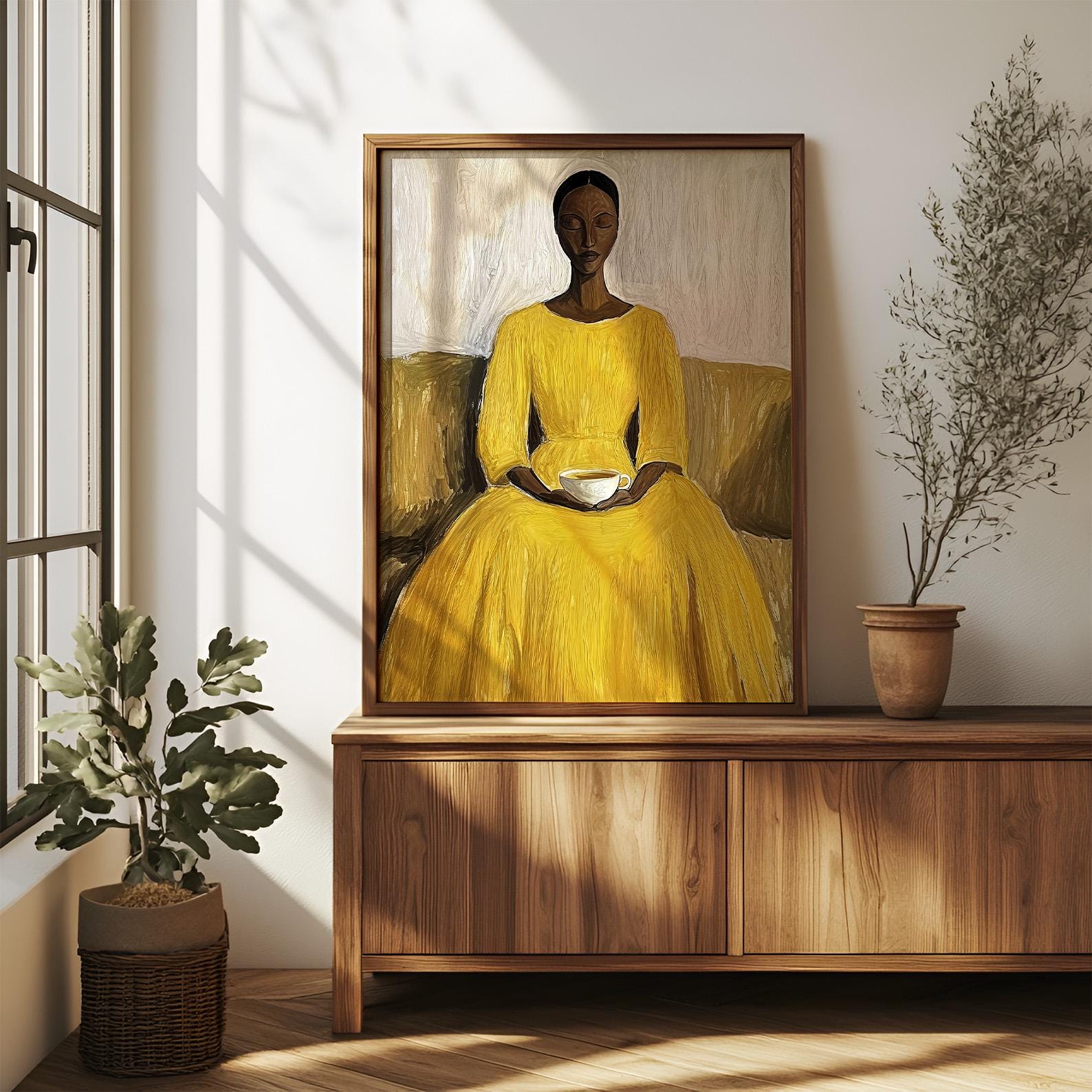 Woman in Yellow Dress Art Print | Minimalist Portrait (digital Download ...
