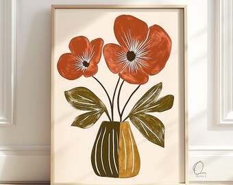 Terracotta Flower Wall Art, Mid Century Modern Floral Print