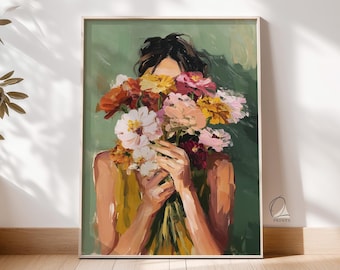 Giclée Print: Woman Holding Flowers, Matte Paper Artwork