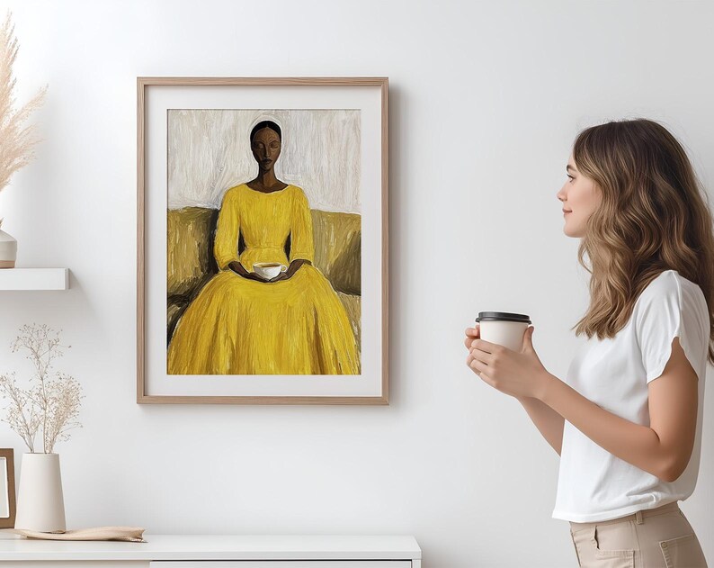 Woman in Yellow Dress Art Print | Minimalist Portrait (digital Download ...
