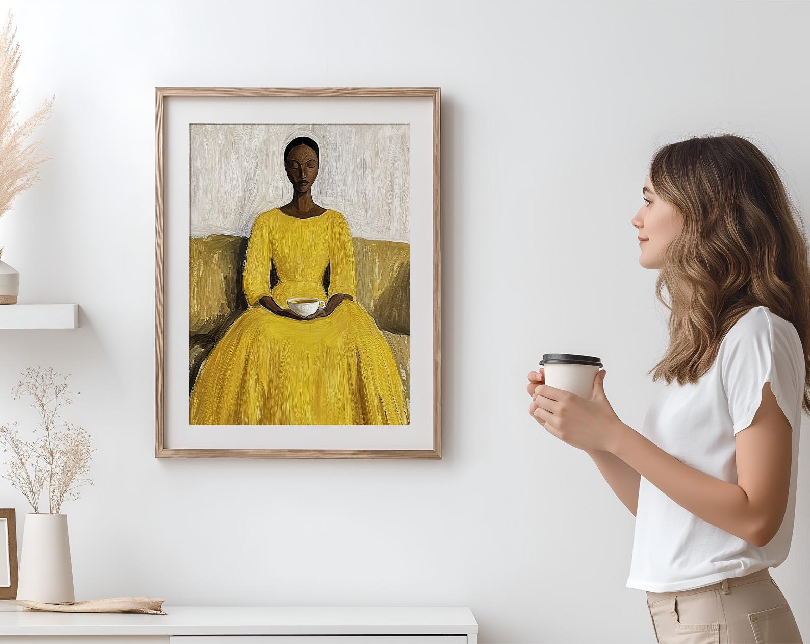 Woman in Yellow Dress Art Print | Minimalist Portrait (digital Download ...