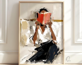 May include: An impressionistic art print featuring a figure with dark skin wearing a white shirt and black trousers, sitting while holding an open bright red book in front of their face. The background consists of abstract cream and beige brushstrokes.