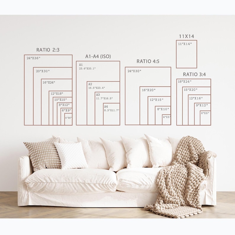 May include: A white sofa with several throw pillows and a beige knitted blanket. Above the sofa, various rectangular outlines display print sizes, including 24"x36", 20"x30", and 16"x24", with aspect ratios like 2:3, 4:5, and 3:4.