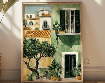 Mediterranean Village Wall Art, Italian Coastal House Print