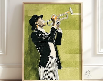 Jazz Trumpet Player Wall Art, Green Music Poster