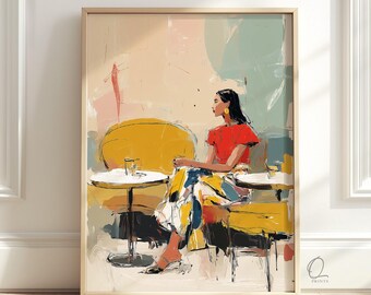 Woman in Cafe Wall Art, Colorful Modern Figurative Print