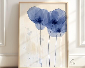 Blue Poppy Wall Art, Minimalist Floral Botanical Print