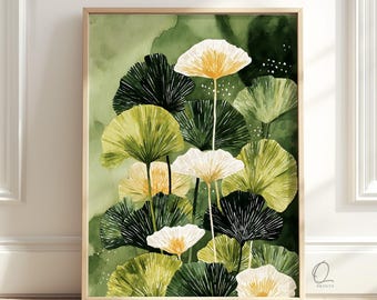 Green Botanical Wall Art, Ginkgo Leaf Watercolor Print