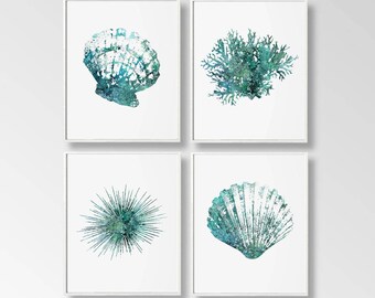 Nautical Art Print, Sea Urchin Art, Set of 4 Digital, Coral Digital Art, DIY  Wall Art, Coastal Living Art, Teal Beach Art, Beach Cottage