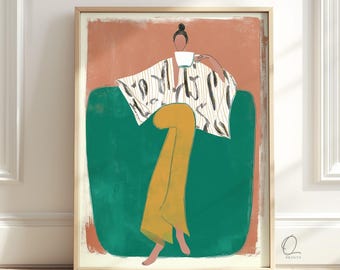 Colorful Woman Wall Art, Coffee Lover Fashion Print