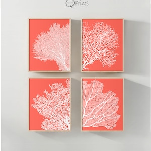 Set of Coral Prints, Set of 4 Printables, Orange Coral Colour, Hamptons Style, Bathroom Decor, Living Room Decor, DIY Large Wall Art, Gift