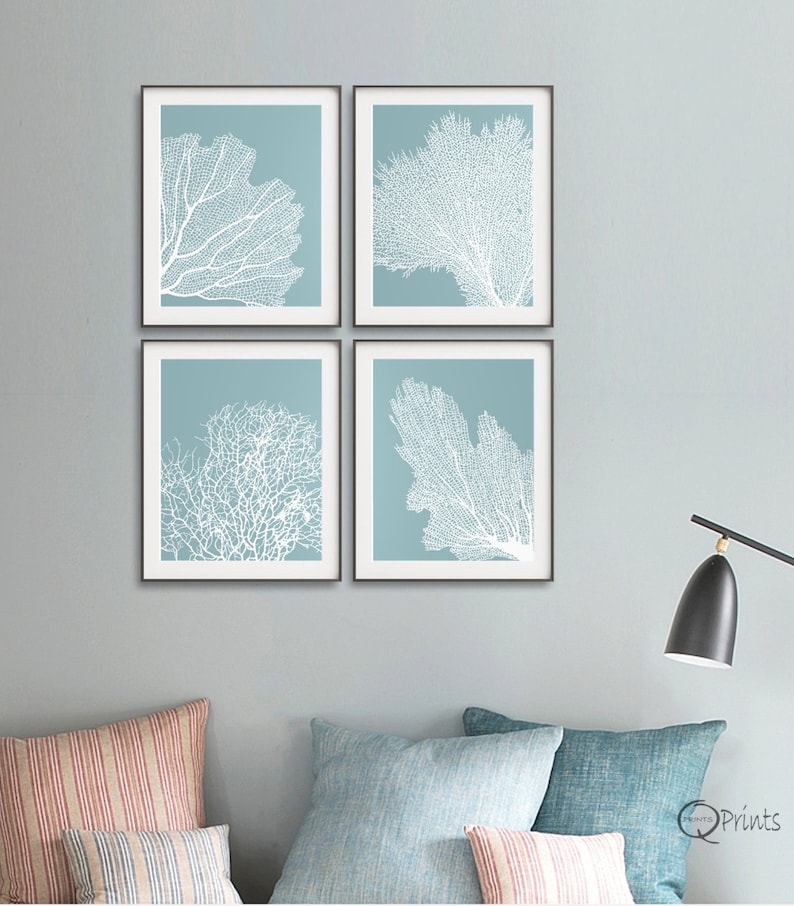 Set of 4 Corals Nautical Print Blue Teal Wall Art Ocean Etsy