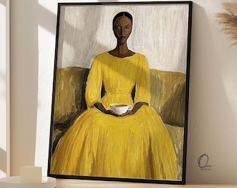 Woman Portrait Wall Art, Yellow Dress Contemporary Print, Minimalist Figurative Painting (Giclée Print)