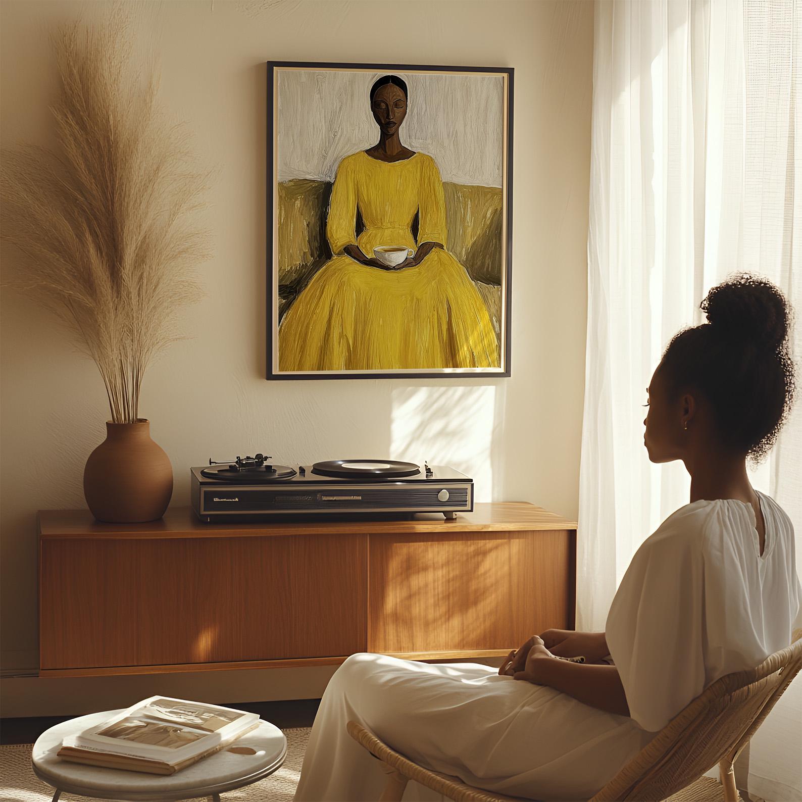 Woman in Yellow Dress Art Print | Minimalist Portrait (digital Download ...