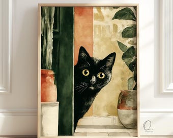 Black Cat Wall Art, Whimsical Watercolor Cat Print