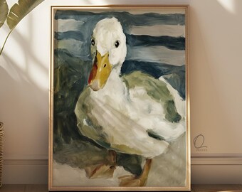 White Duck Wall Art, Rustic Farmhouse Animal Painting Print